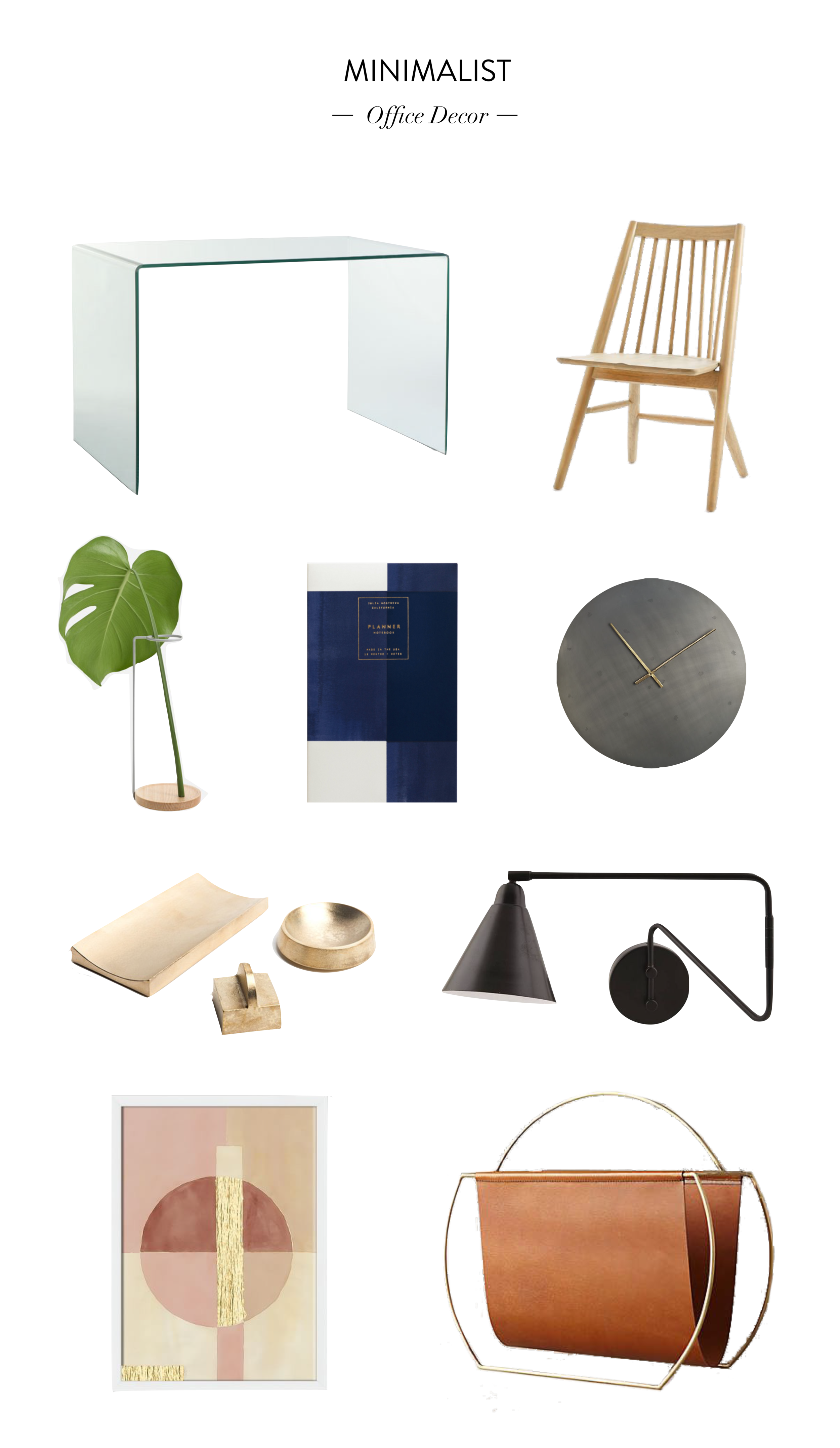 Desk // Chai r // Minimal Vase // Planner // Clock // Japanese Brass Desk Accessories // Swing Arm Lamp // Art // Magazine Holder