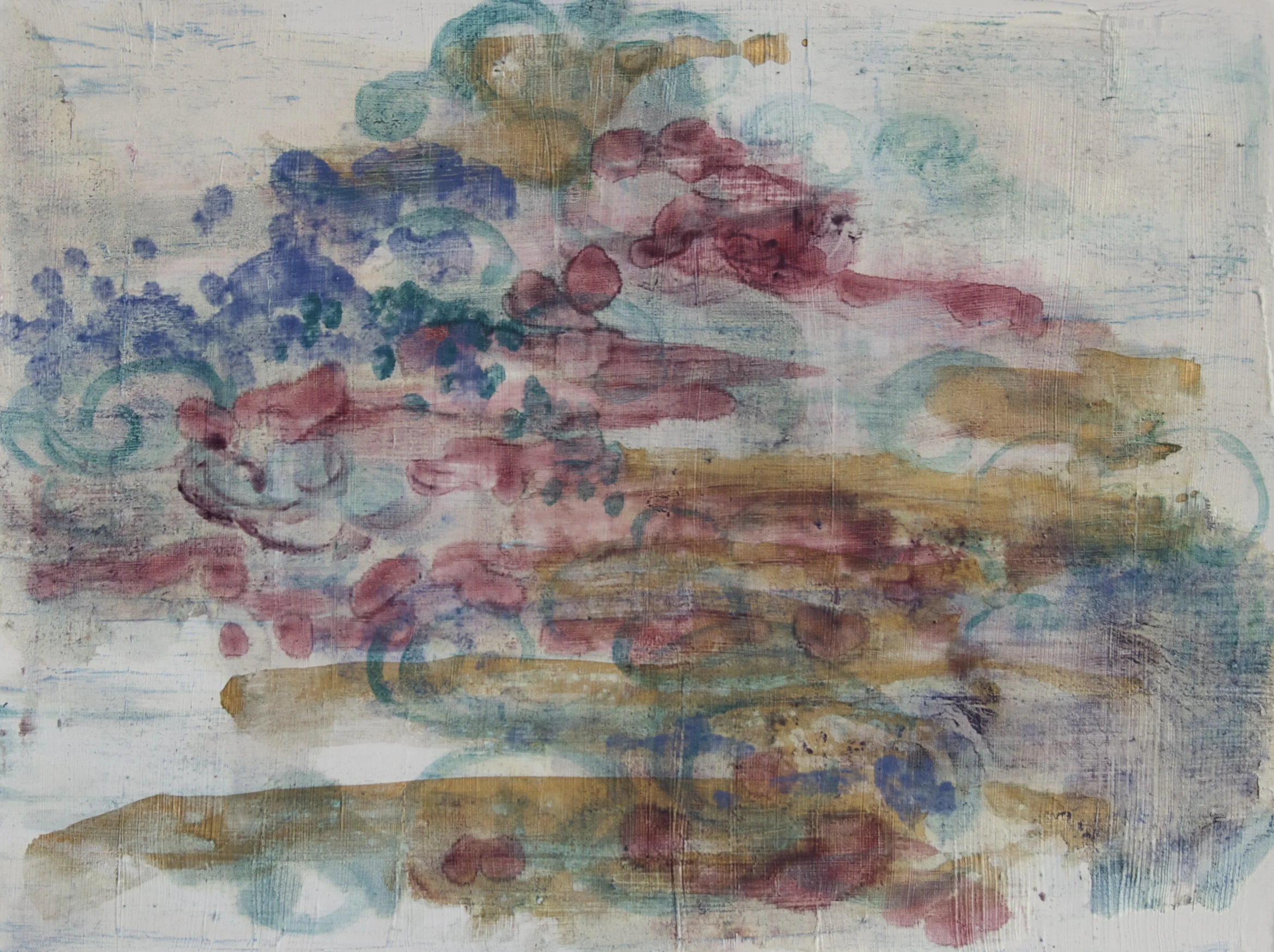 Abstract, “invented” landscape; acrylic, watercolor and oil paint on paper.