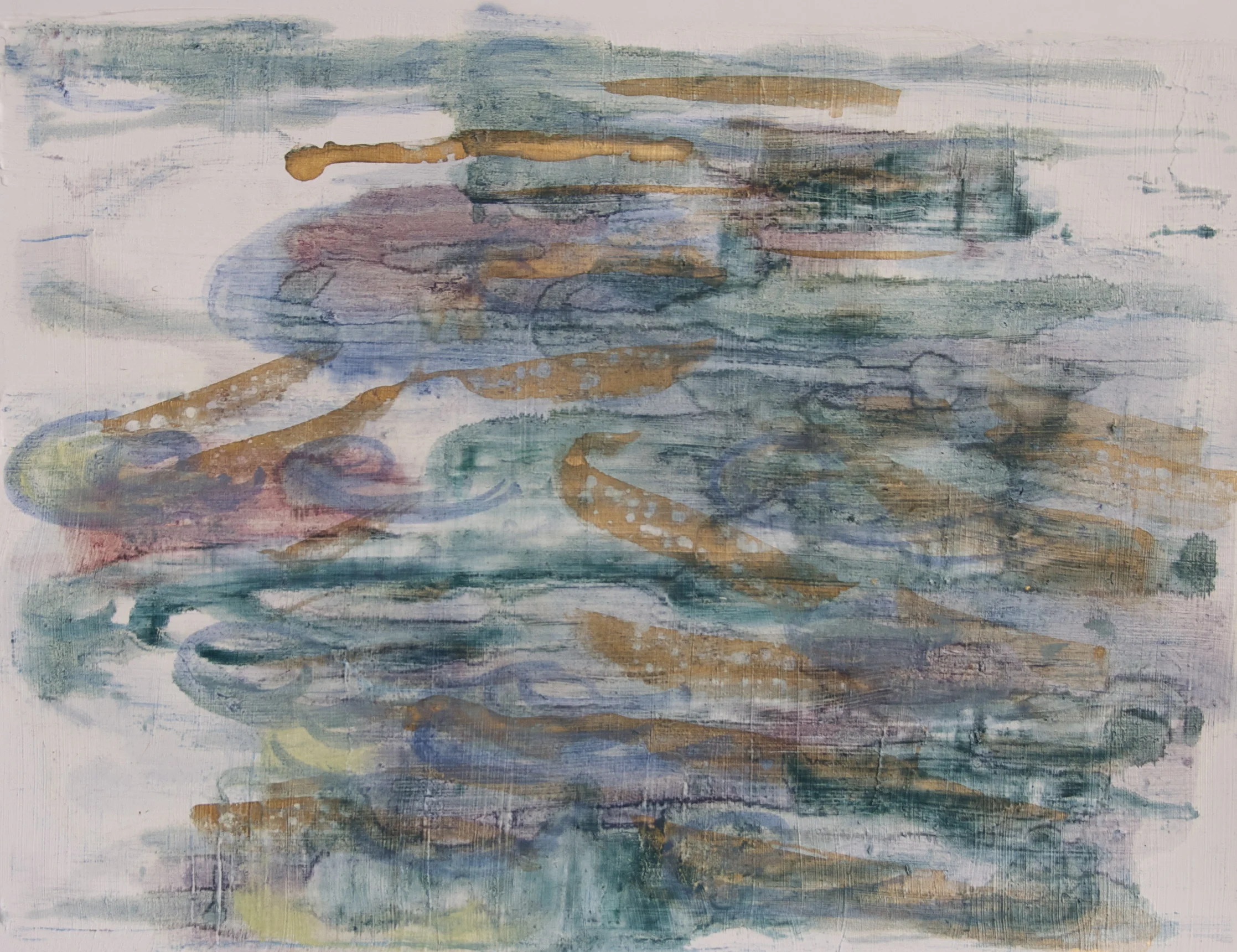 Abstract, “invented” landscape; acrylic, watercolor and oil paint on paper.