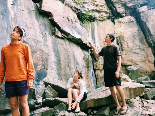 Karen, Mikaela and Dylan checking out some of the routes at Bridge Buttress for the first time