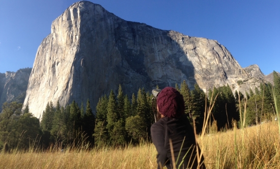 El Cap lie back/I spy the climber. My birthday in the Valley last year, dreaming of future climbs to come. Photograph by Tony Puyol