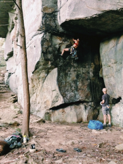 Working the initial roof of Let’s Get Physical (5.12a). Photograph by Mikaela Wegerhoff