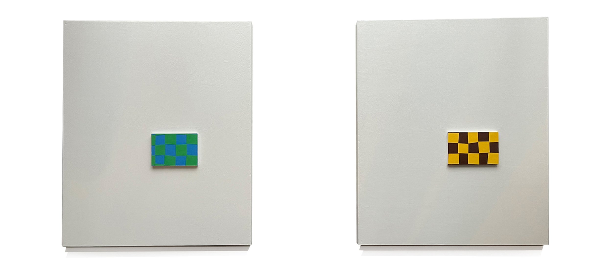 Composition 1 + 2, 2023 20 x 24 inches each Household, wood and paper on constructed wood panels