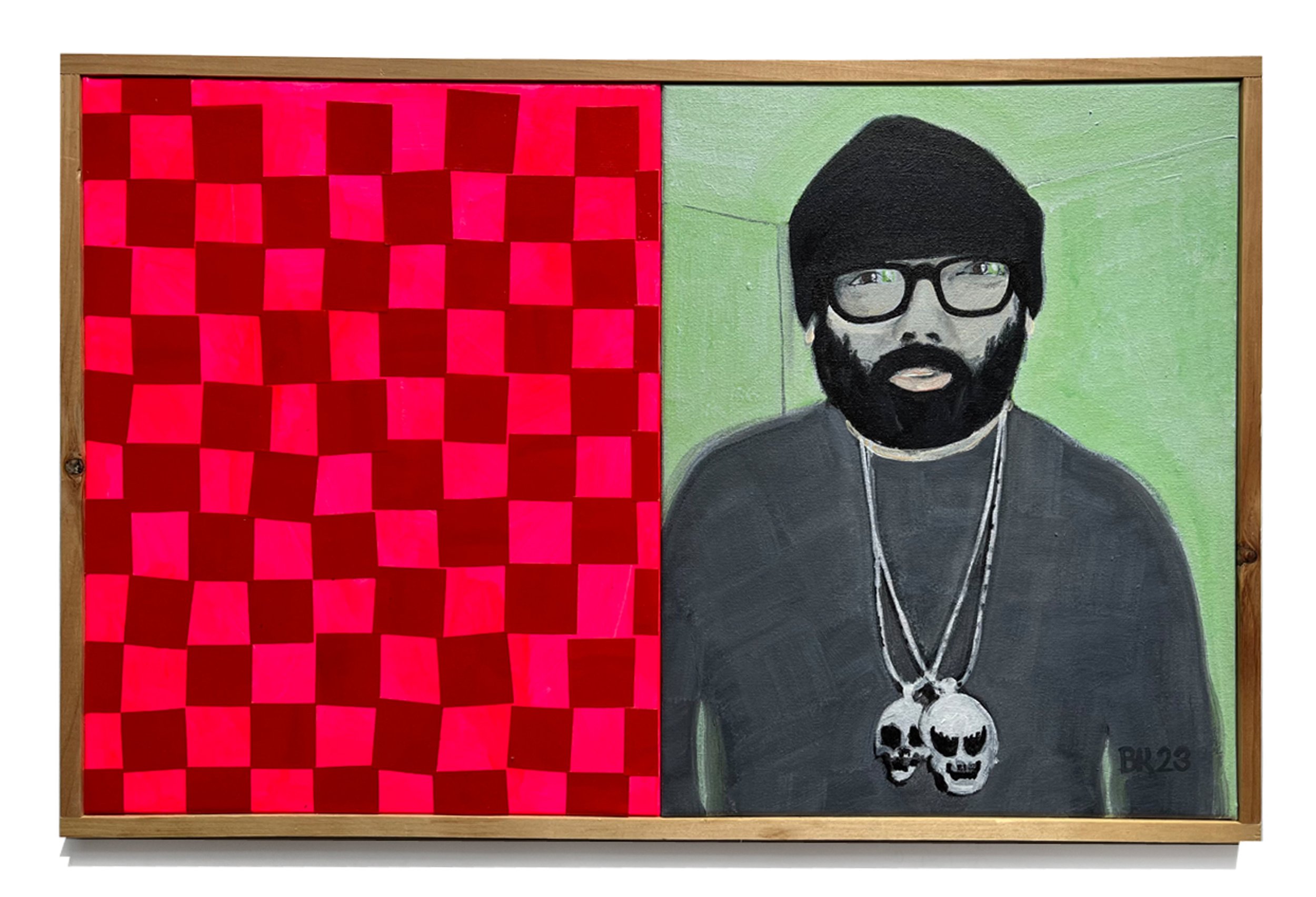 Josh, 2023 12 x 18 inches overall Acrylic, gouache, ink and paper on canvas panels in artist frame