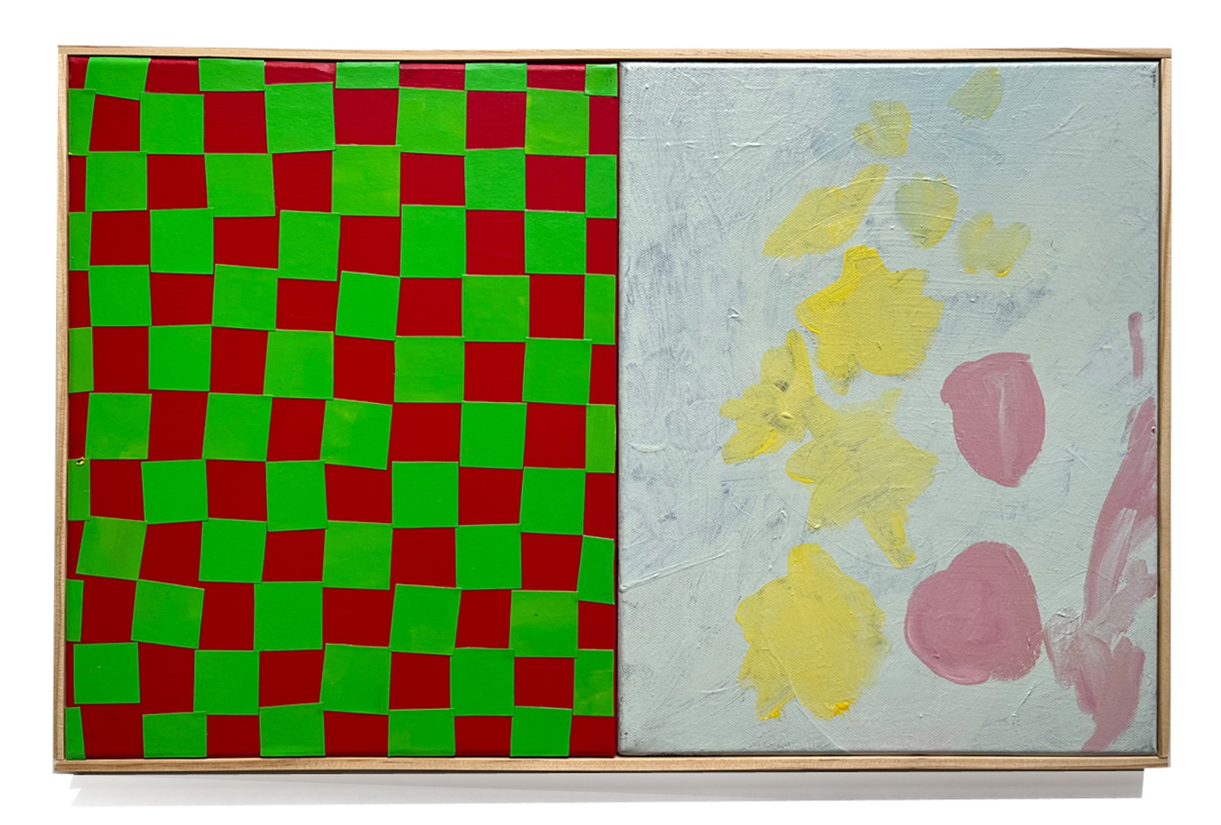 Untitled Screen (Daffodil with Rose), 2023 12 x 18 inches overall Acrylic, gouache and paper on canvas panels in artist frame