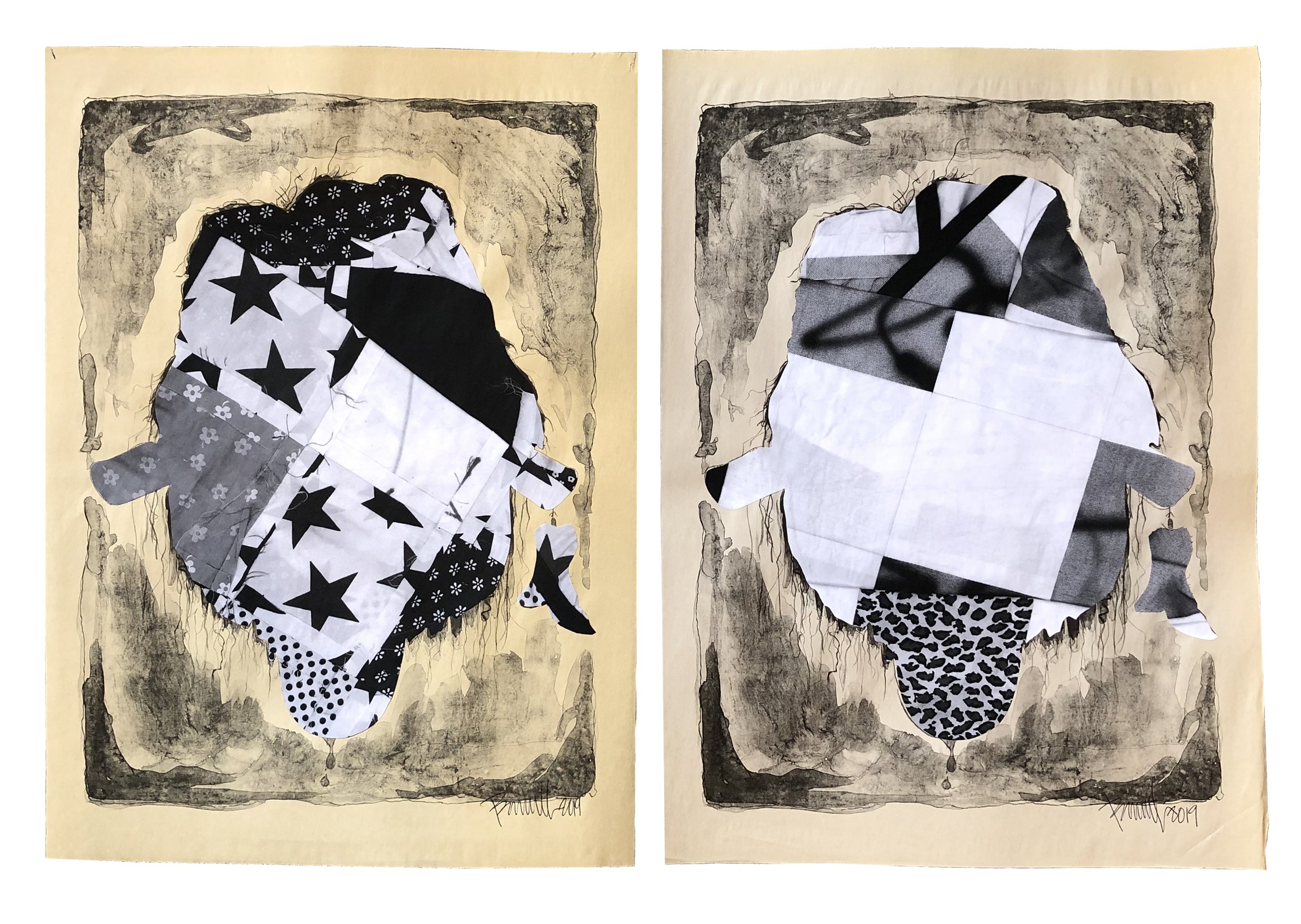 Untitled (Altered Lithographs), 2019 18.5 x 13.5 inches each Ink, toner and paper on newsprint