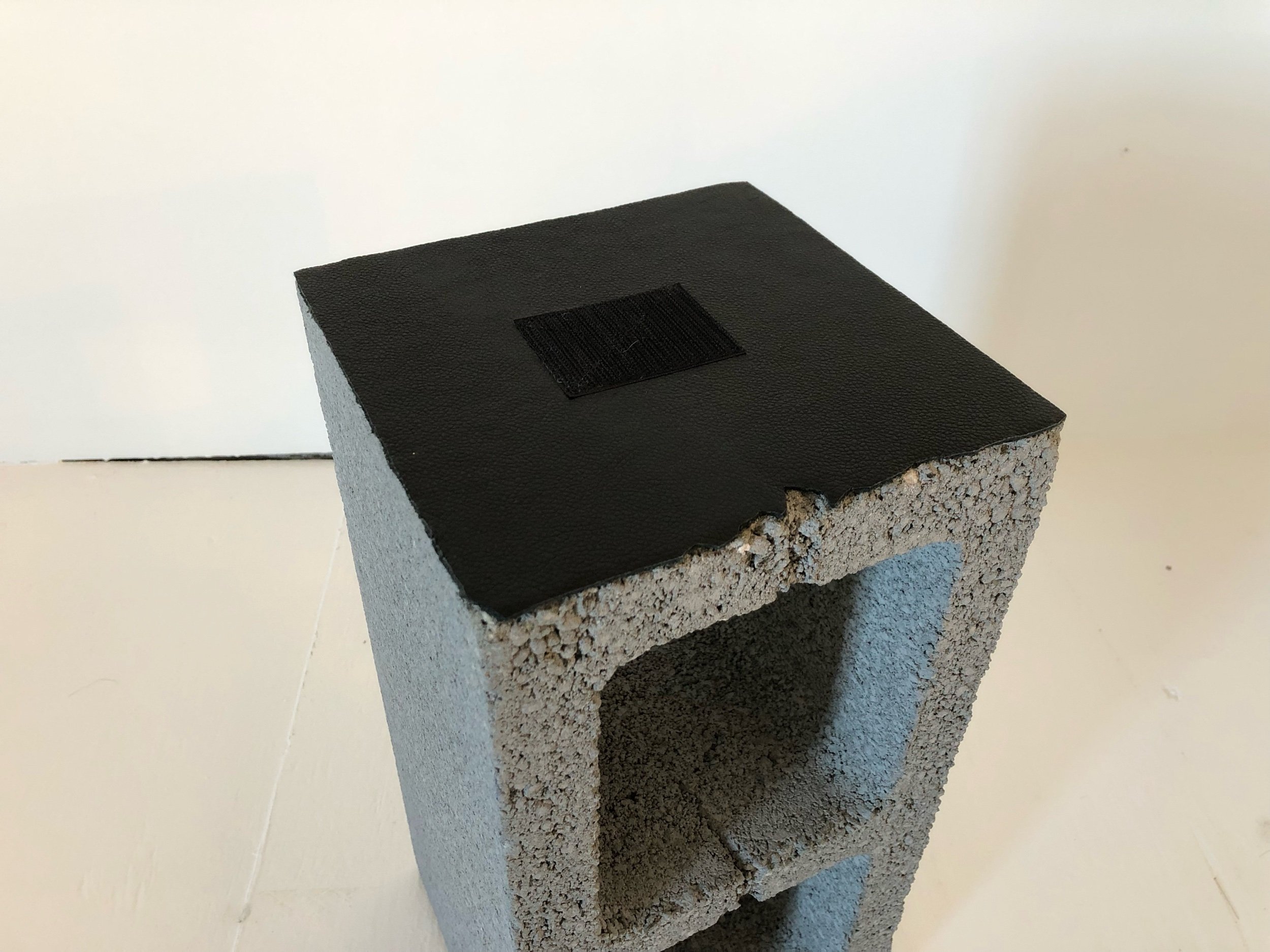 Breeze Block Stools (cushion removed), 2019 20 x 8 x 8 inches each Concrete blocks, ink, fabric and leather