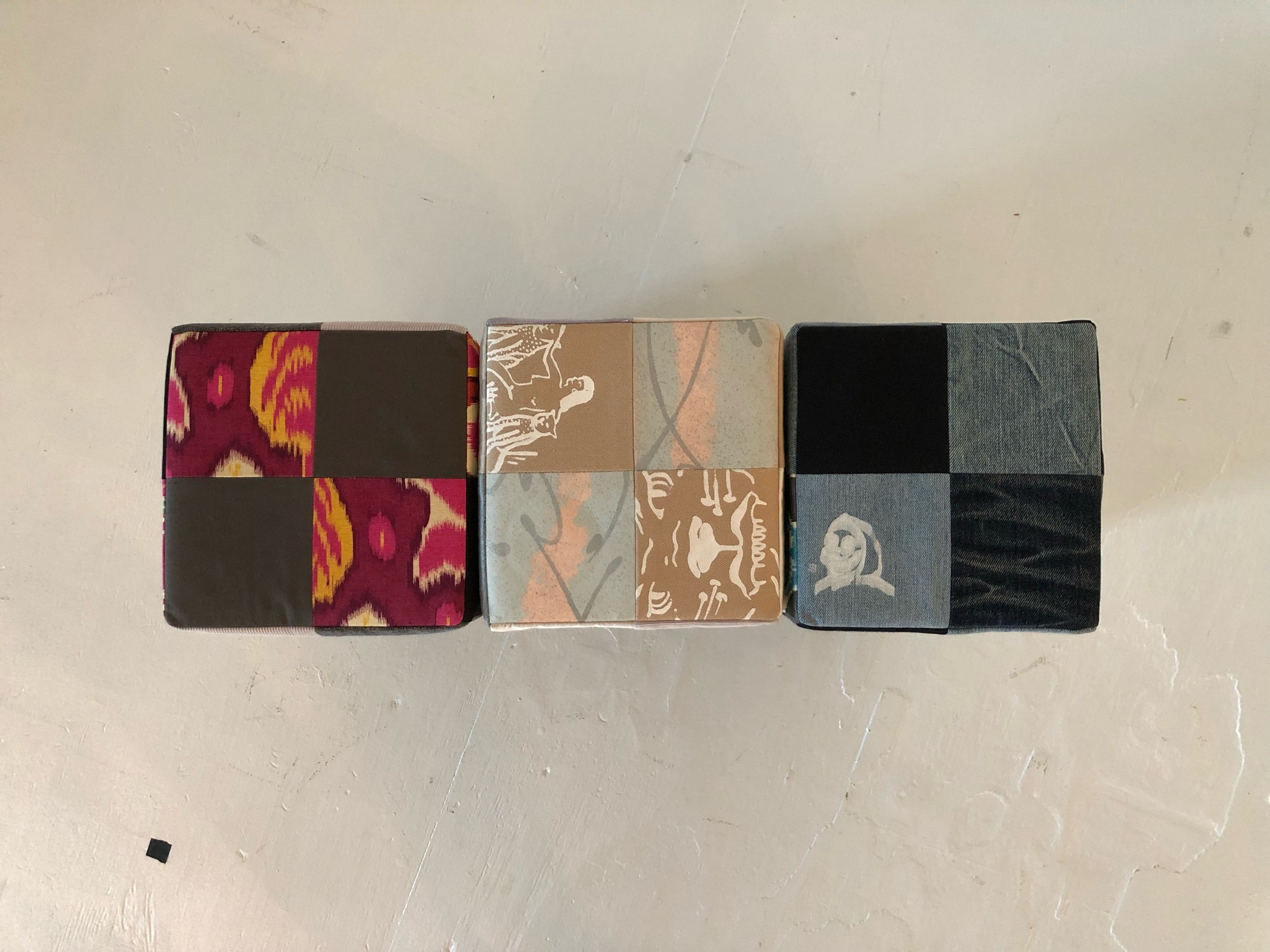 Breeze Block Stools (top view), 2019 20 x 8 x 8 inches each Concrete blocks, ink, fabric and leather