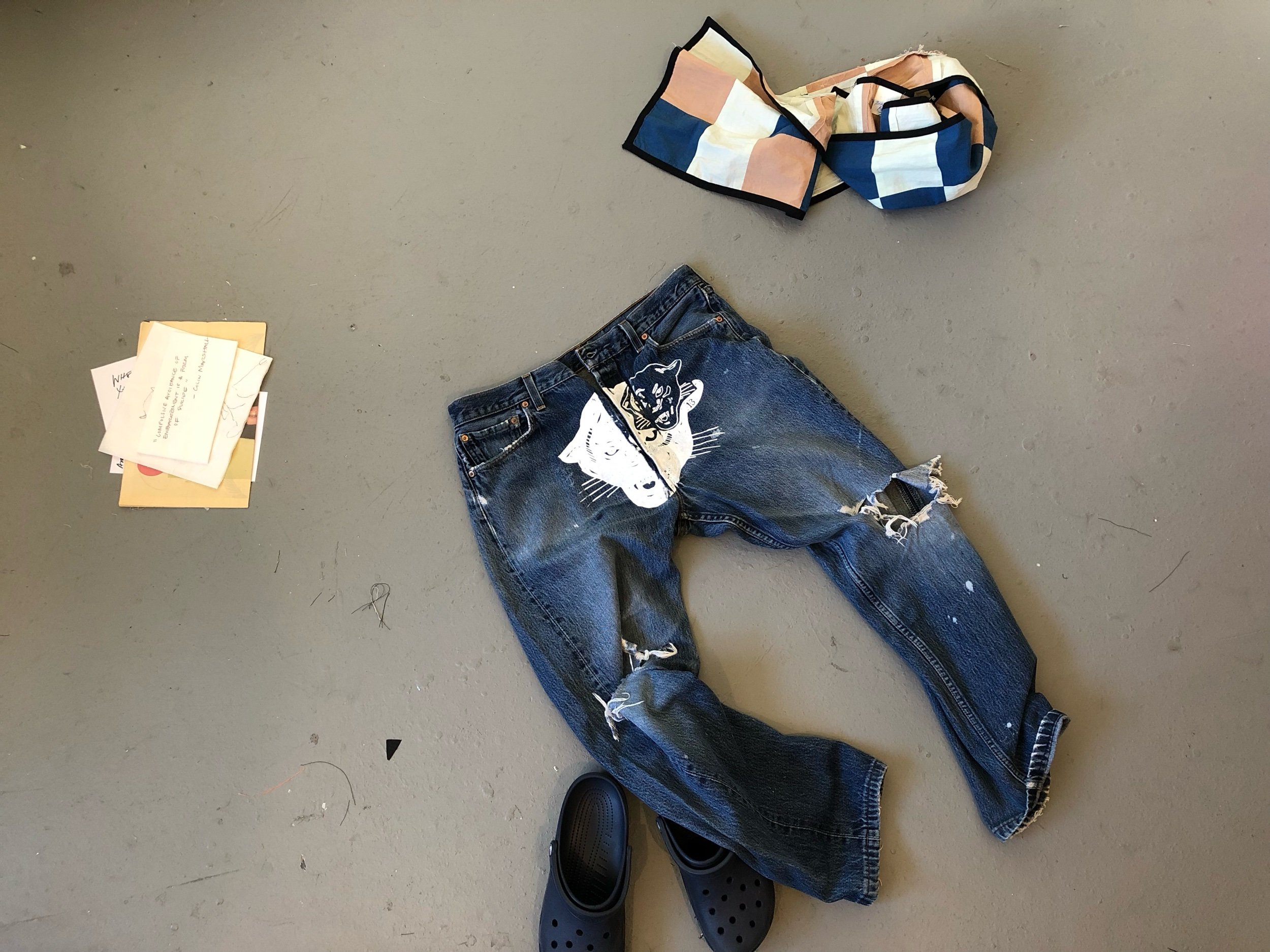 Large Cat Denim, 2018 Cotton with silkscreened hand drawn graphics and beading
