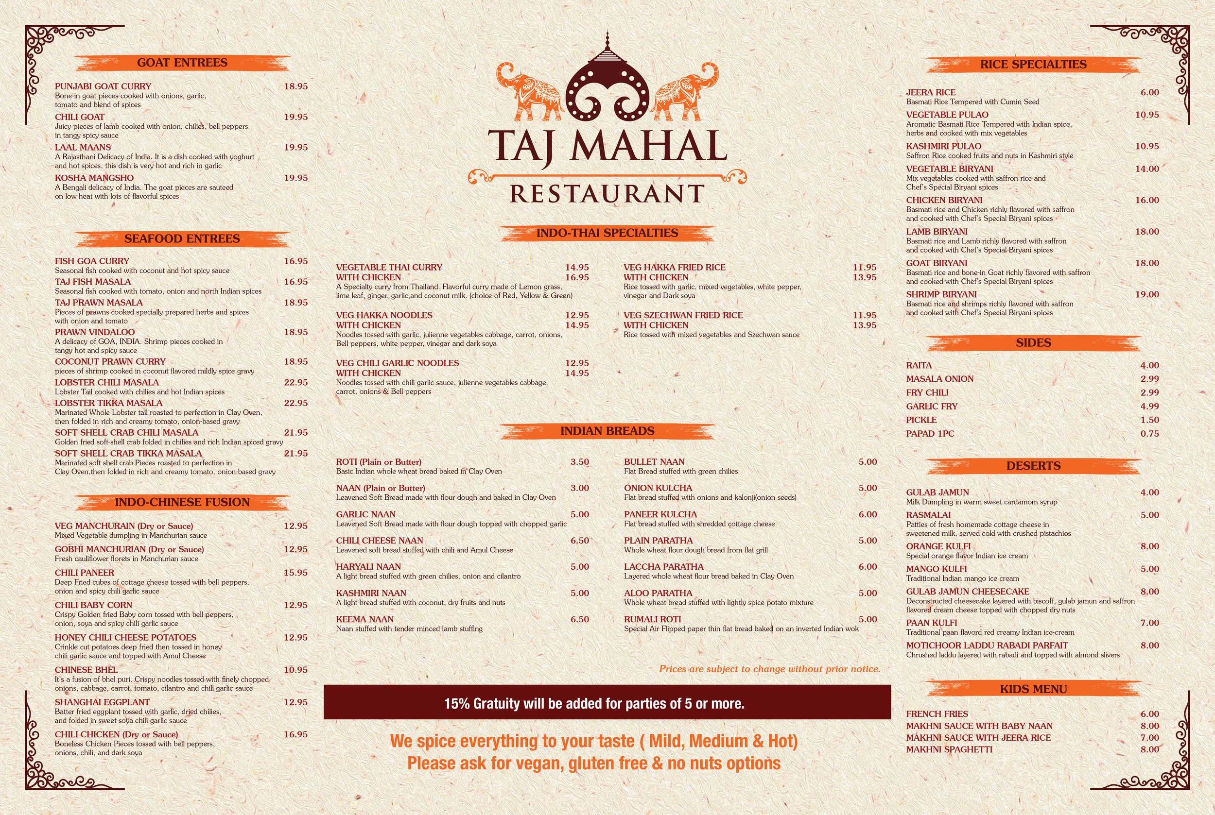 Our Menu - Taj Mahal