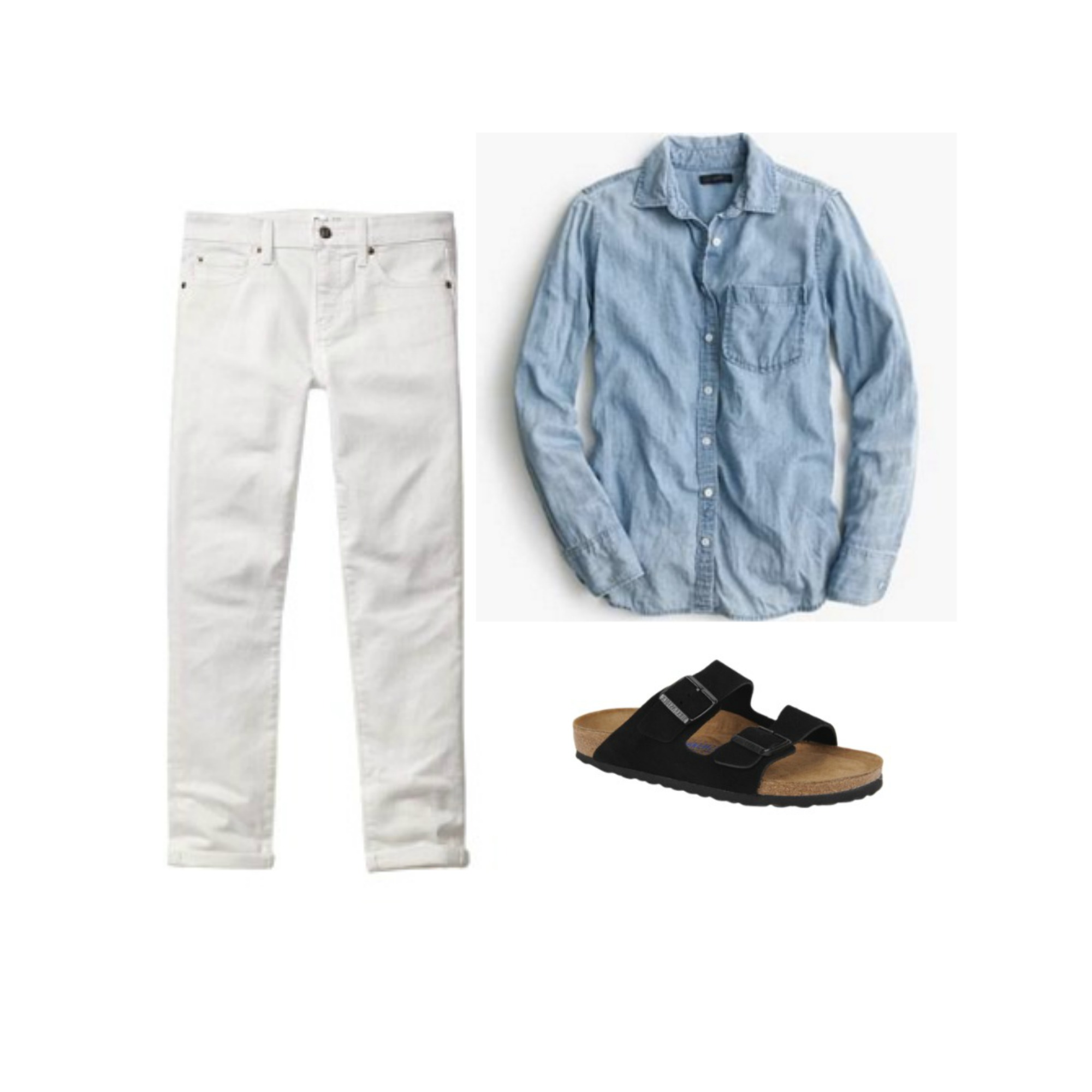 WHITE JEANS + DENIM SHIRT + BLACK SANDALS