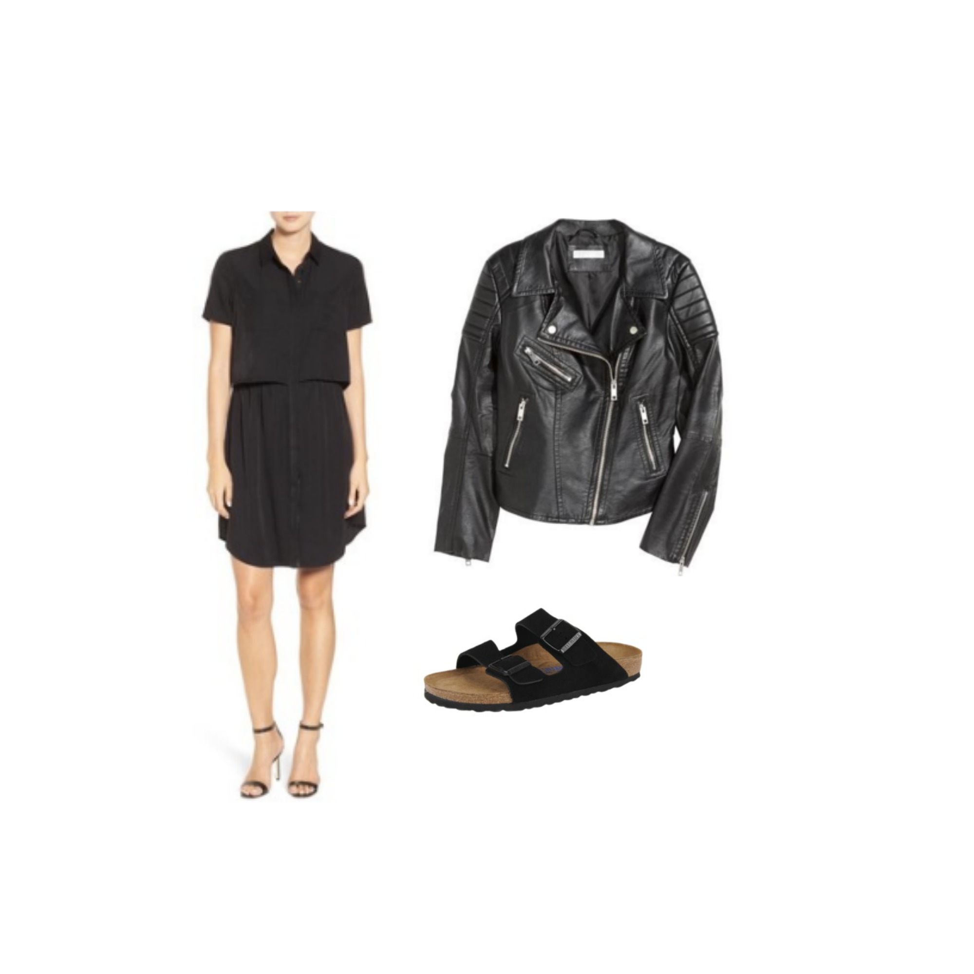 SHIRTDRESS + VEGAN LEATHER JACKET + SANDALS
