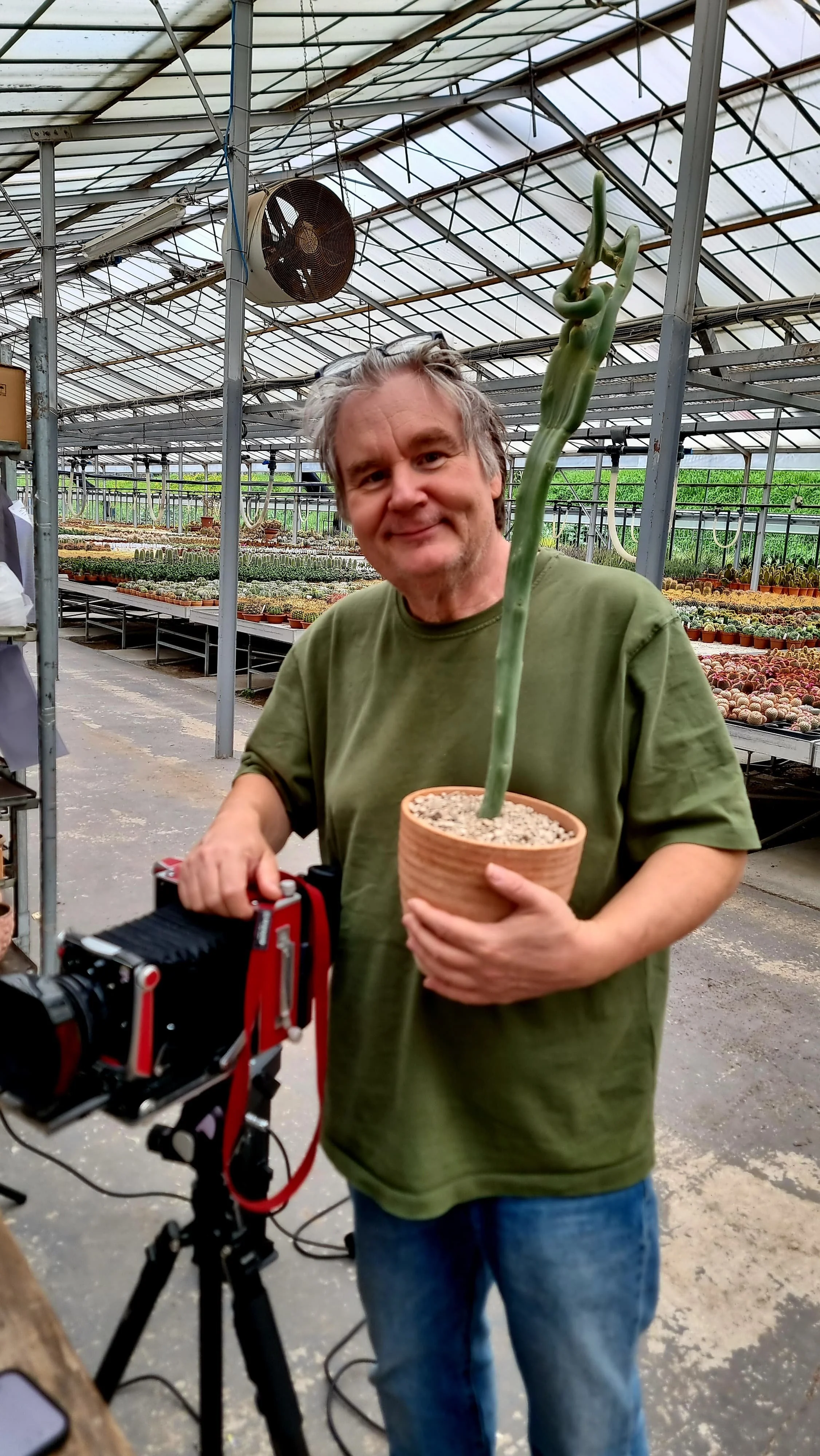 A man holding a potted, tall, unique houseplant with a camera on a tripod in a greenhouse filled with various potted plants.