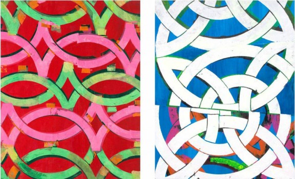 Left: Sleaze Fame, oil and acrylic on panel, 20 x 16″ 2014; Right: Chance Directed, oil and acrylic on panel, 23 x 18″ 2014, Collection of Michel Beihn, Fes
