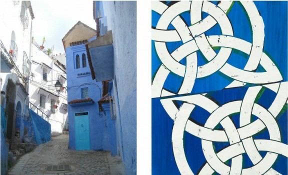 Left: Photo of Chefchaouen, Morocco; Right: Blue Cheer (Augustus Owsley Stanley III), oil and acrylic on panel, 23″ x 18″ 2013