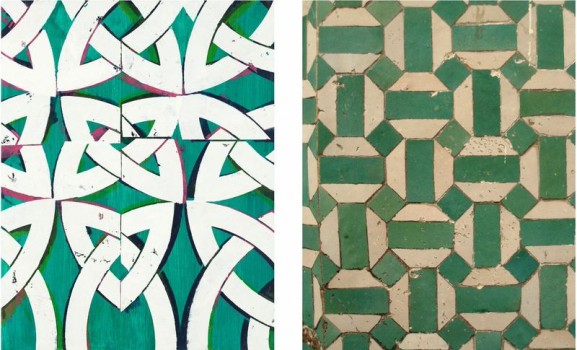 Right: Inherited Capital oil and acrylic on panel 23 x 18″ 2012; Left: Photo of tiles in Morocco