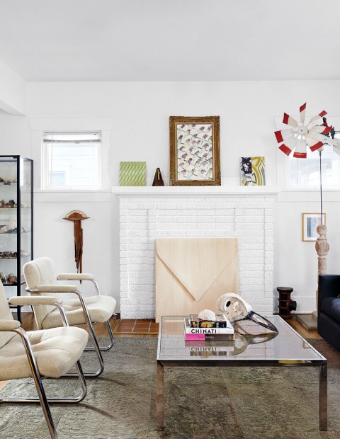 The Russell's airy living room with mid-century furniture culled from auctions, yard sales and antiquing.