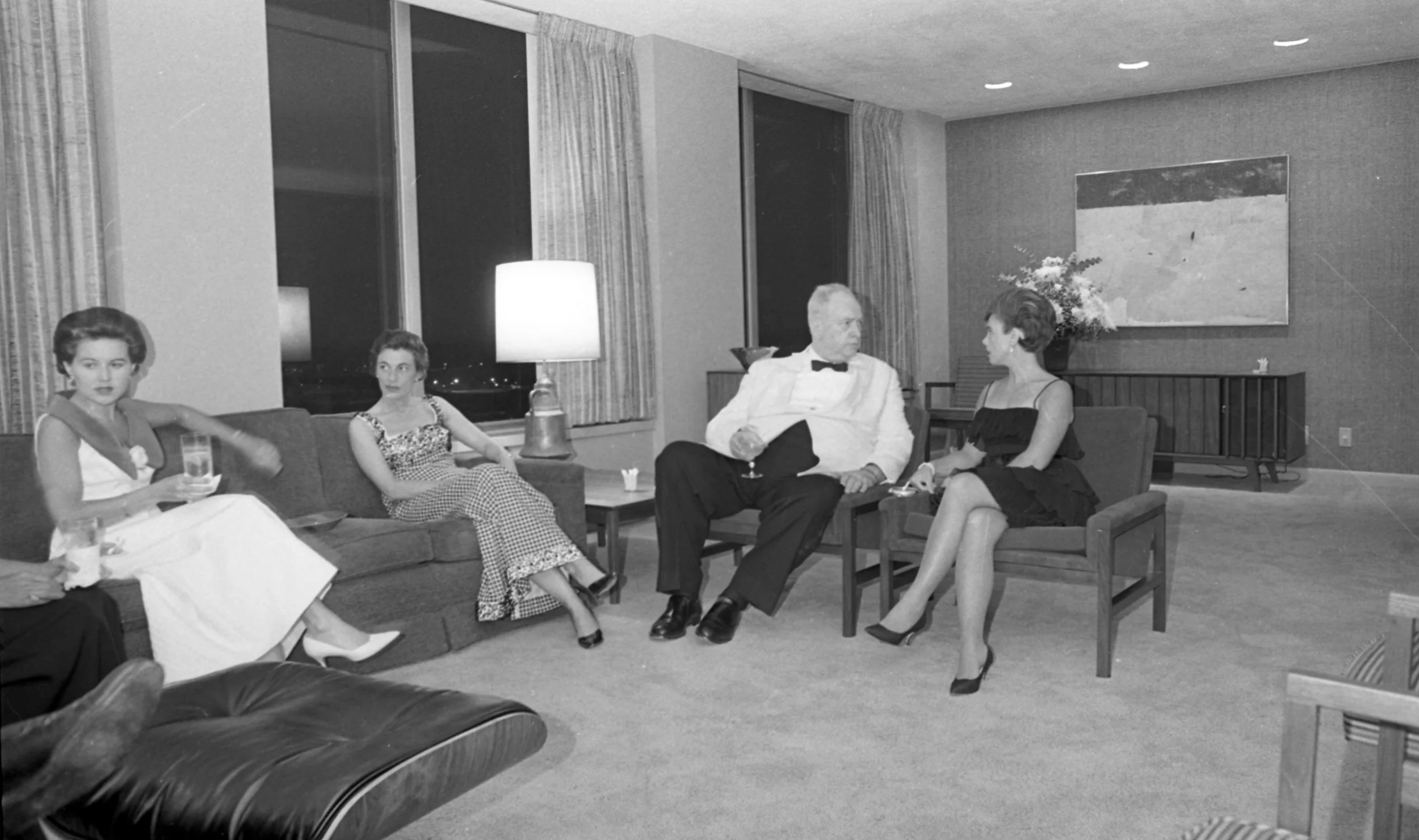 Albert G. McCarthy Jr. entertaining guests in his new high rise penthouse apartment in the BB&T Building. N&O Businessman ‘At Home’ 14 Floors Above Raleigh , June 10 1965