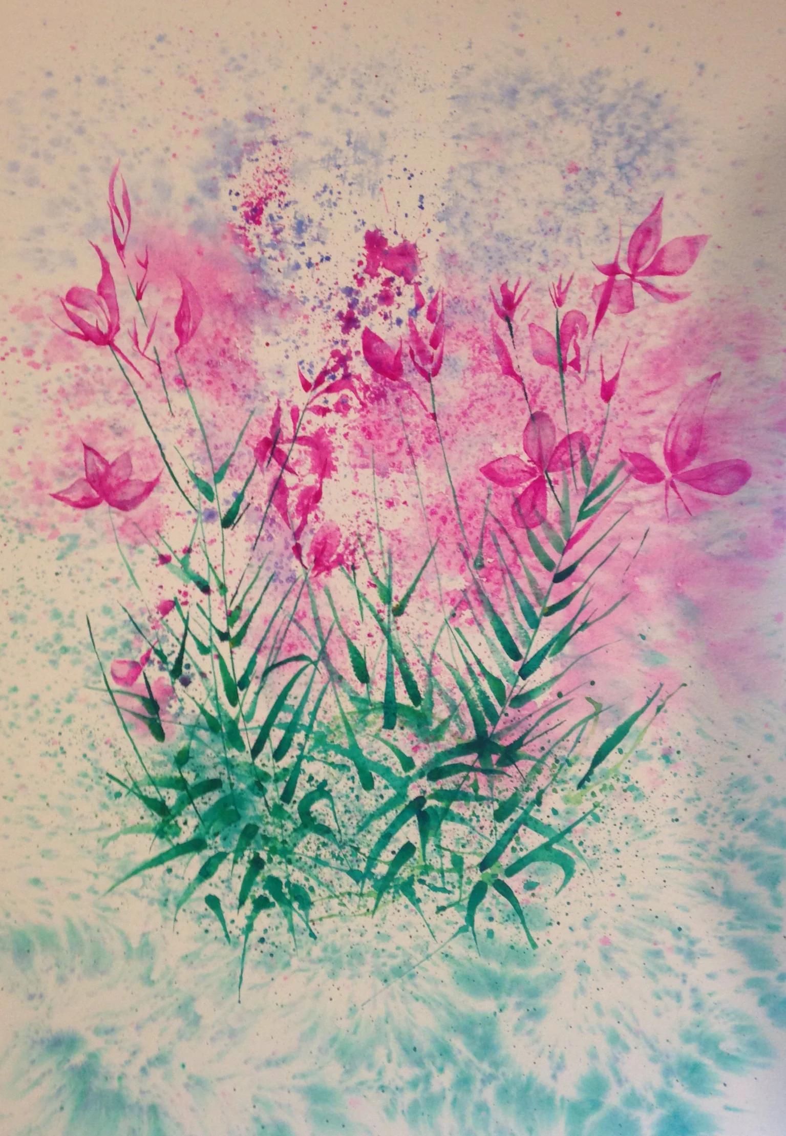 Pretty Pink Flowers salt scrubbed water color on cold press paper 14" x 20" $750