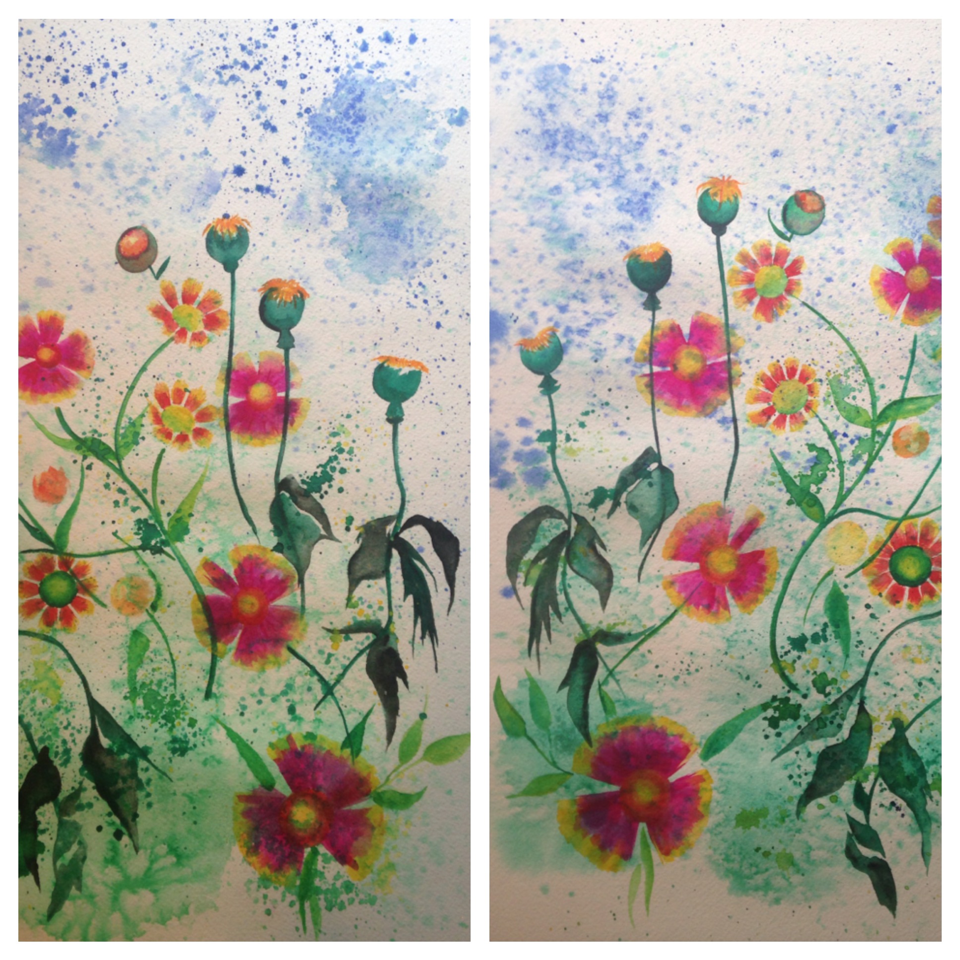 Garden Party (diptych) salt scrubbed water color on cold press paper 2 panels (12" x 16" each) $900