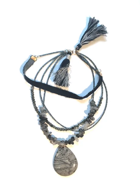 Wild Hearts Can’t Be Broken 14” Collar Necklace Lace Agate, Quartz with Tourmaline, Quartz with Chloride, Indigo Denim $250