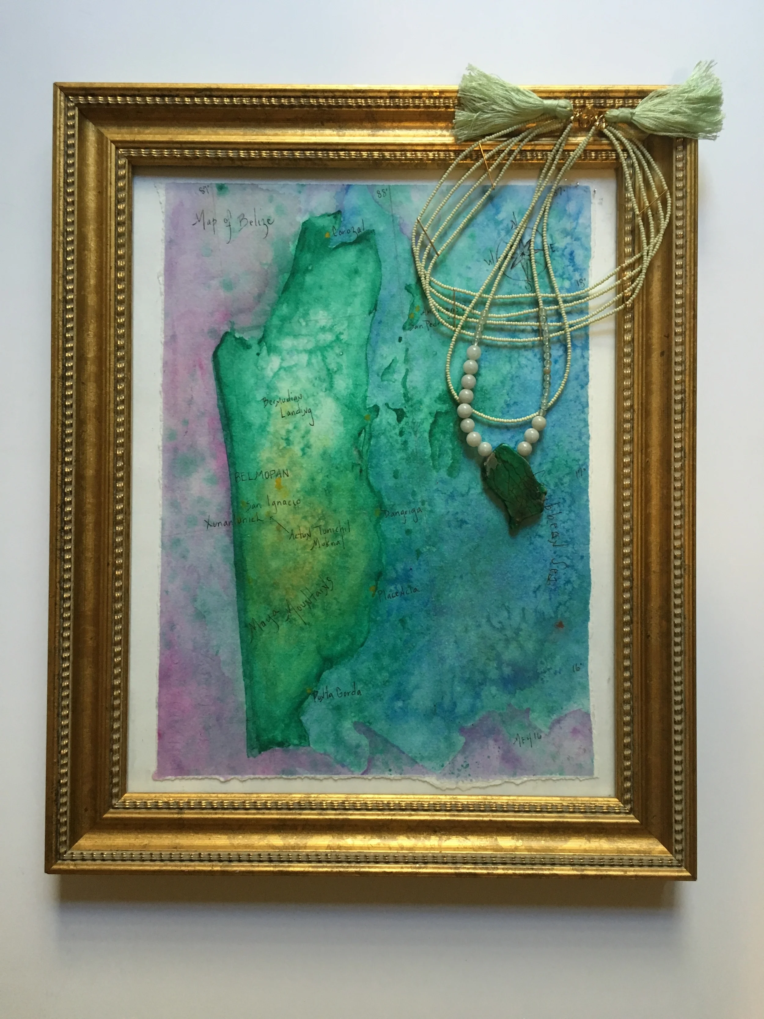 Map of Belize Salt Scrubbed Watercolor on Saltscrubbed Paper 9 1/2 “ x 13” $400