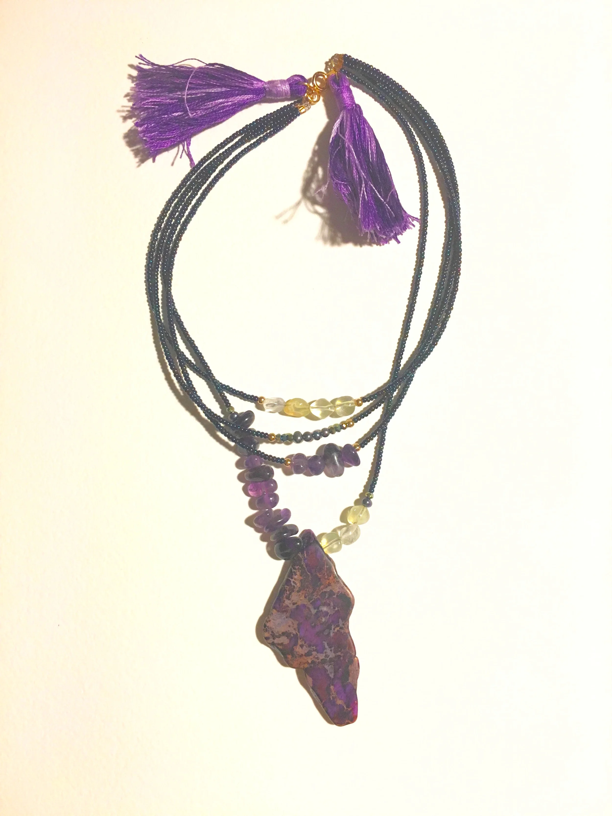 Spirit of New Orleans 14” Collar Necklace Amethyst, Pineapple Quartz, Feldspar, Black Pearls, Gold, Crystal $275