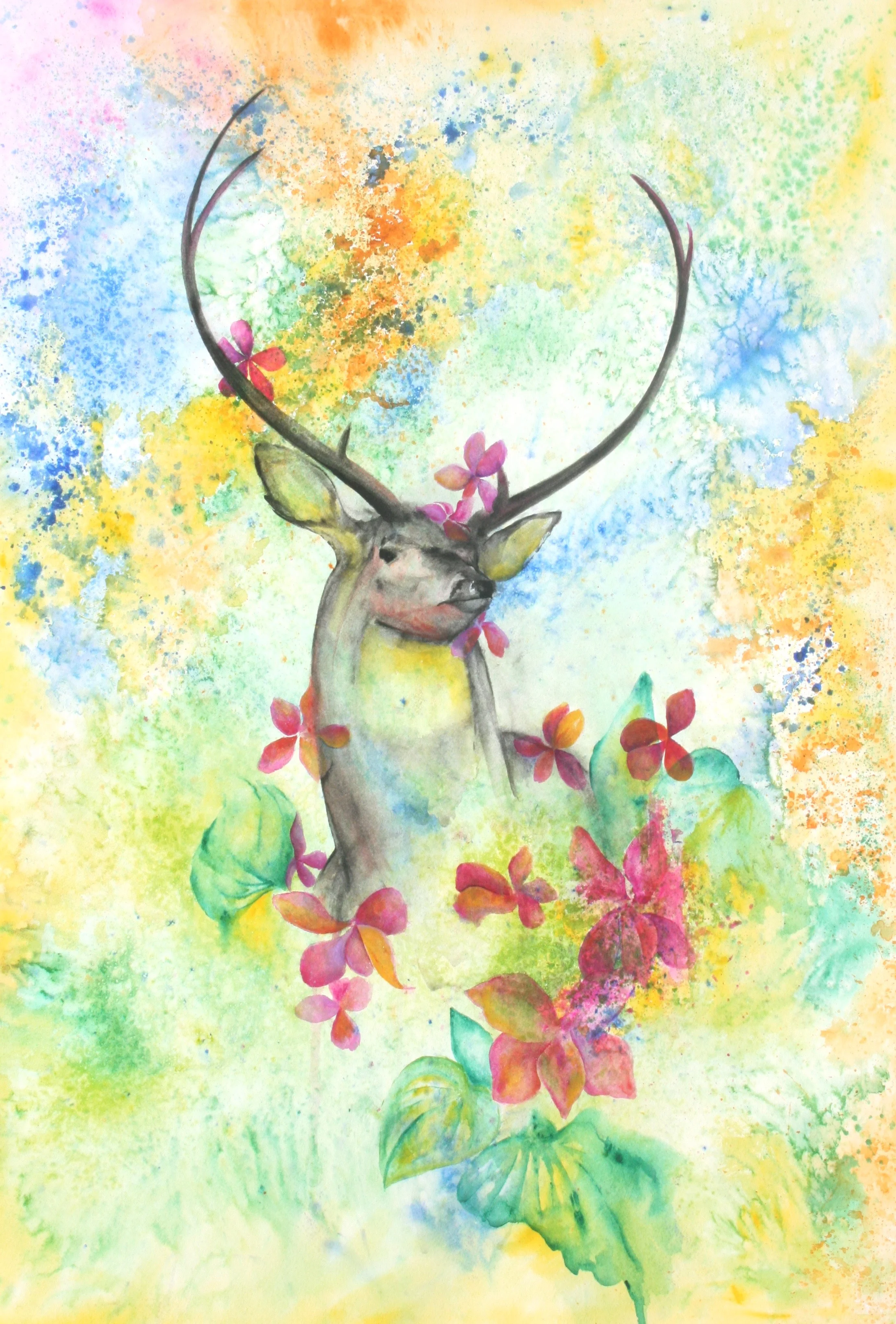 Six Point Buck with Tropical Flowers