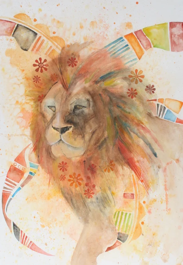 Iron like a Lion - salt-scrubbed watercolor on paper Giclee Prints and Original Art available