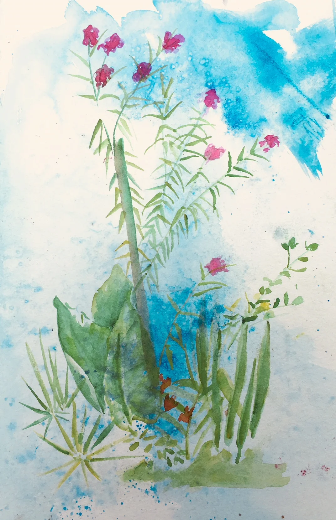 Miss Buela's Garden - salt-scrubbed watercolor 