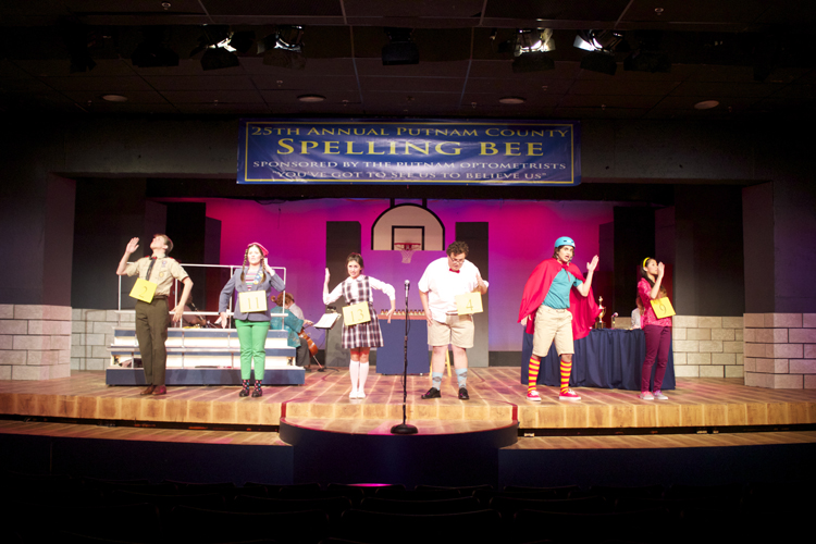  The spellers! From left, Ben Taylor as Chip Tolentino, Kaylynn Coulter as Logainne Schwartzandgrubenniere, Hayley Bardos as Marcy Park, Maclean Mayers as William Barfee, Daniel Jaramillo as Leaf Coneybear and Raneem Imam as Olive Ostrovsky. 