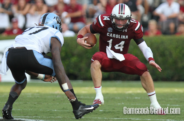 Shaw rushed 12 times for 43 yards, and passed for 149 more and a touchdown to help the Gamecocks to their first win.