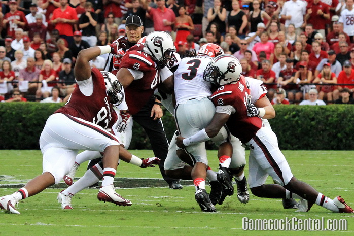 Staff Photo by Paul Collins: South Carolina's defense was one of the few that were able to slow down Todd Gurley. 