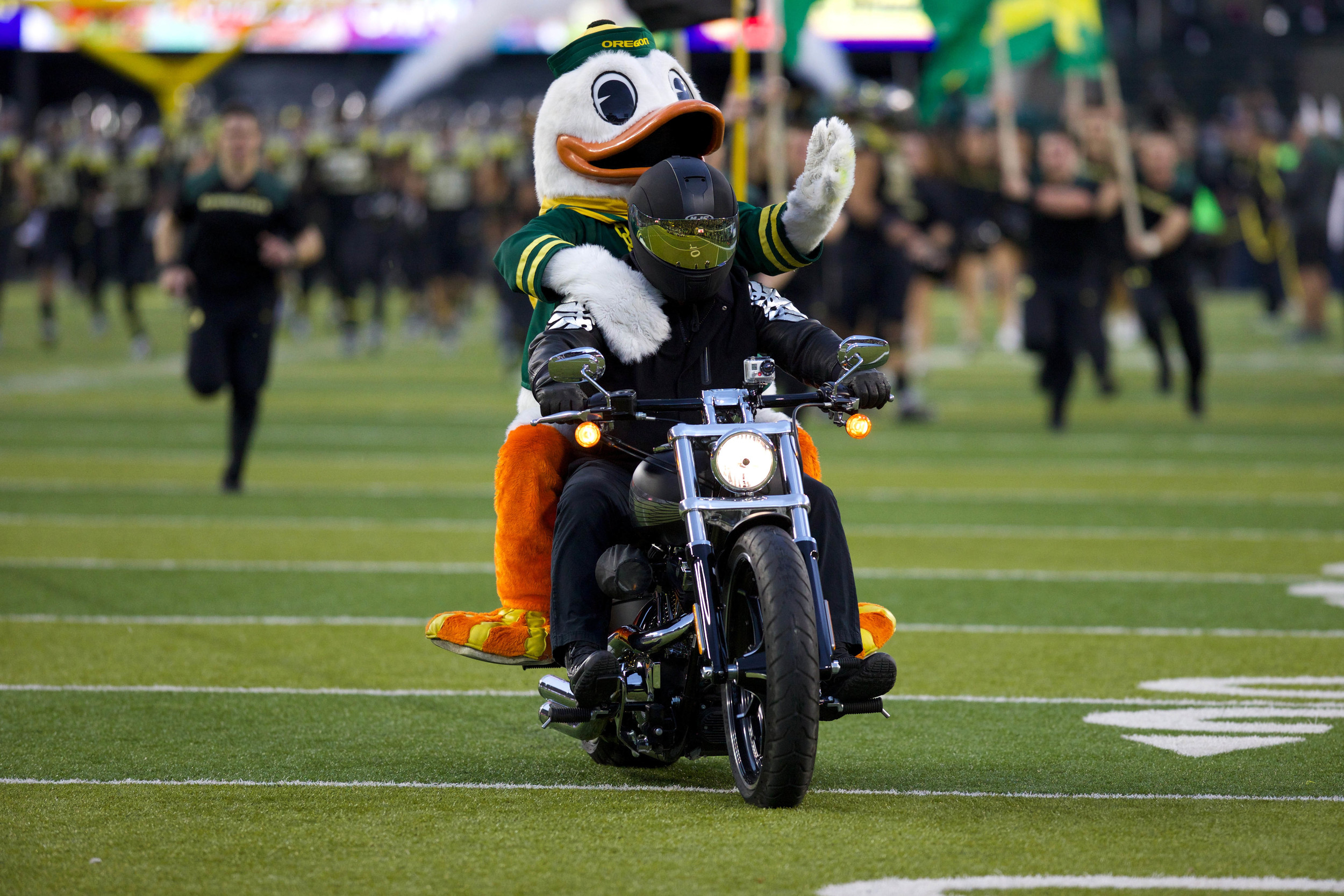 This would've been a lot more badass if the duck was actually driving the bike, but I understand since that poor student probably can't see out of that giant head anyways. And is dying of dehydration.