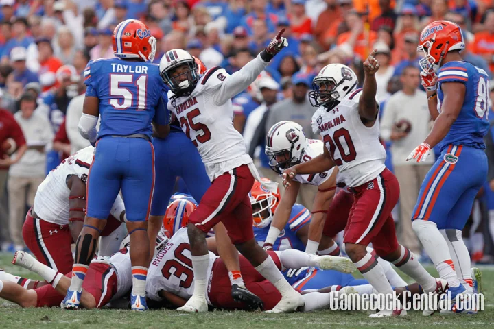 Staff Photo by C.J. Driggers: Heard's blocked punt helped the Gamecocks stun the Gators in "The Swamp."