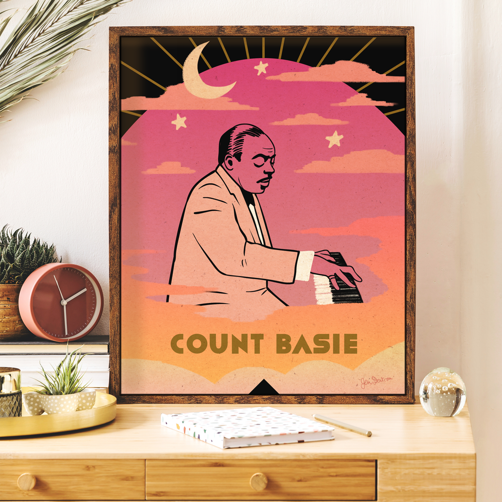 Artwork inspired by big band leader & musician, Count Basie, for jazz  lovers & swing dancers  Tinted Moon Studio