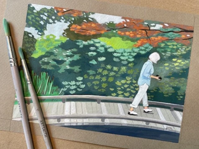 Mother in Japanese Garden / Gouache on textured paper