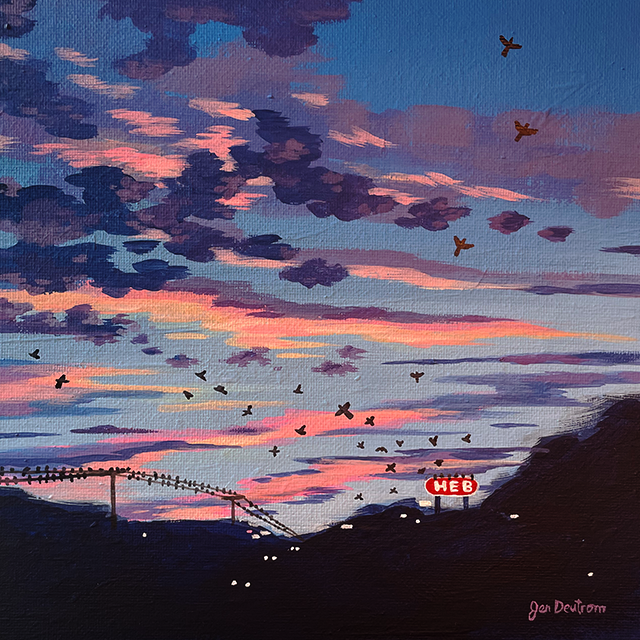 Grackles at night / acrylic on canvas board