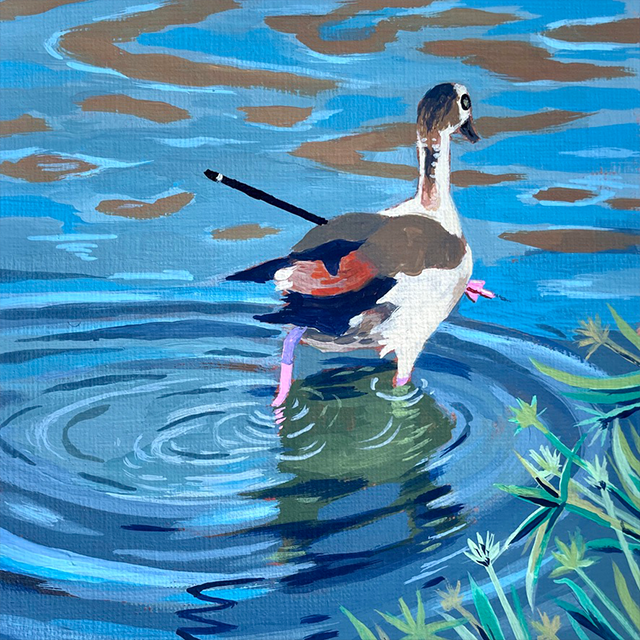 The incident at Mueller: wounded goose with bow and arrow / acrylic on paper (sold)