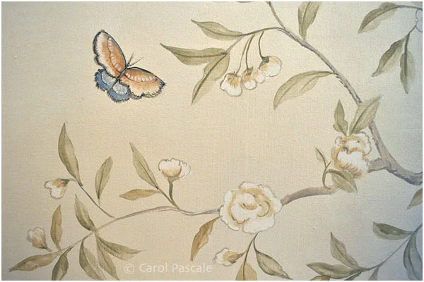 Hand painted chinoiserie powder room with gilded ceiling