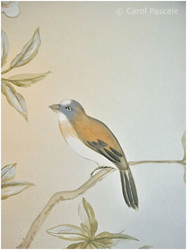 Hand painted chinoiserie powder room with gilded ceiling
