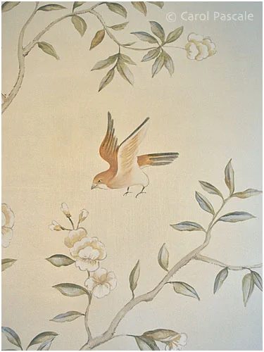 Hand painted chinoiserie powder room with gilded ceiling