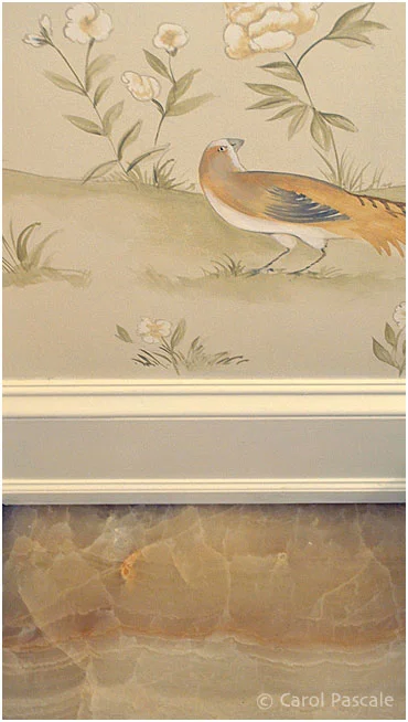 Hand painted chinoiserie powder room with gilded ceiling