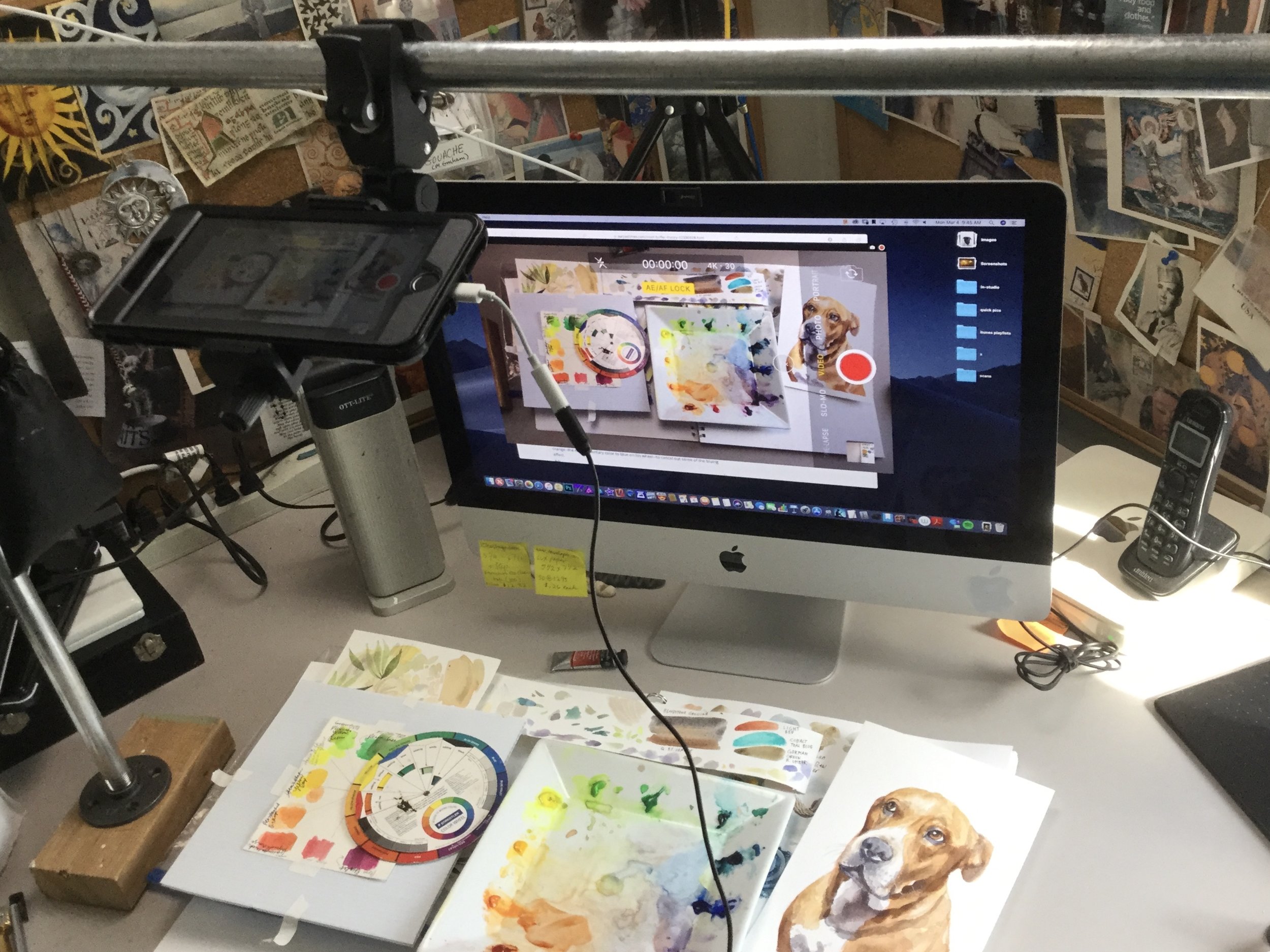 Setting up to film some videos about my watercolor, gouache and oil painting process.