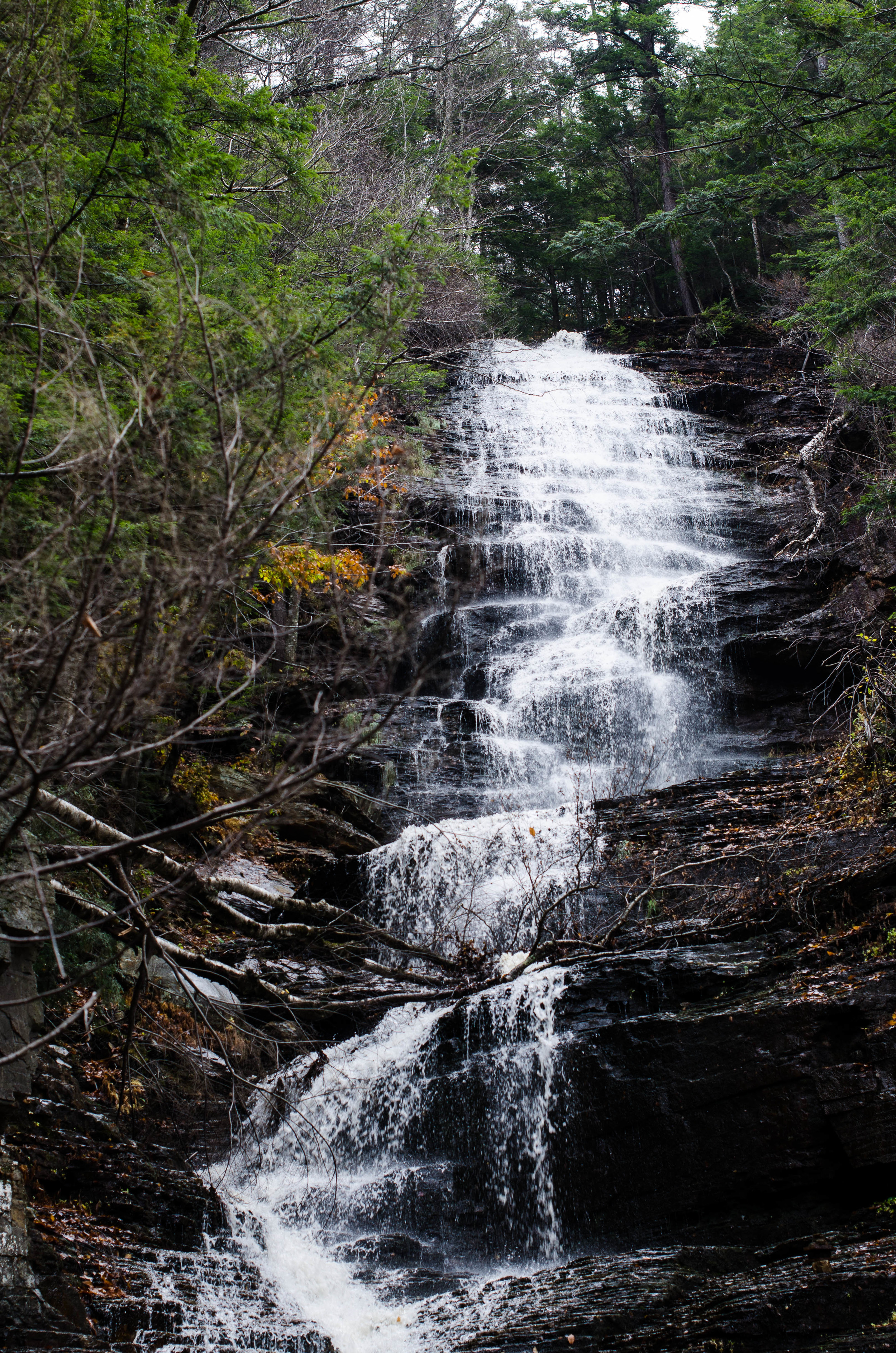 Lye Brook Falls an 125-foot waterfall that spills from the top of the mountain
