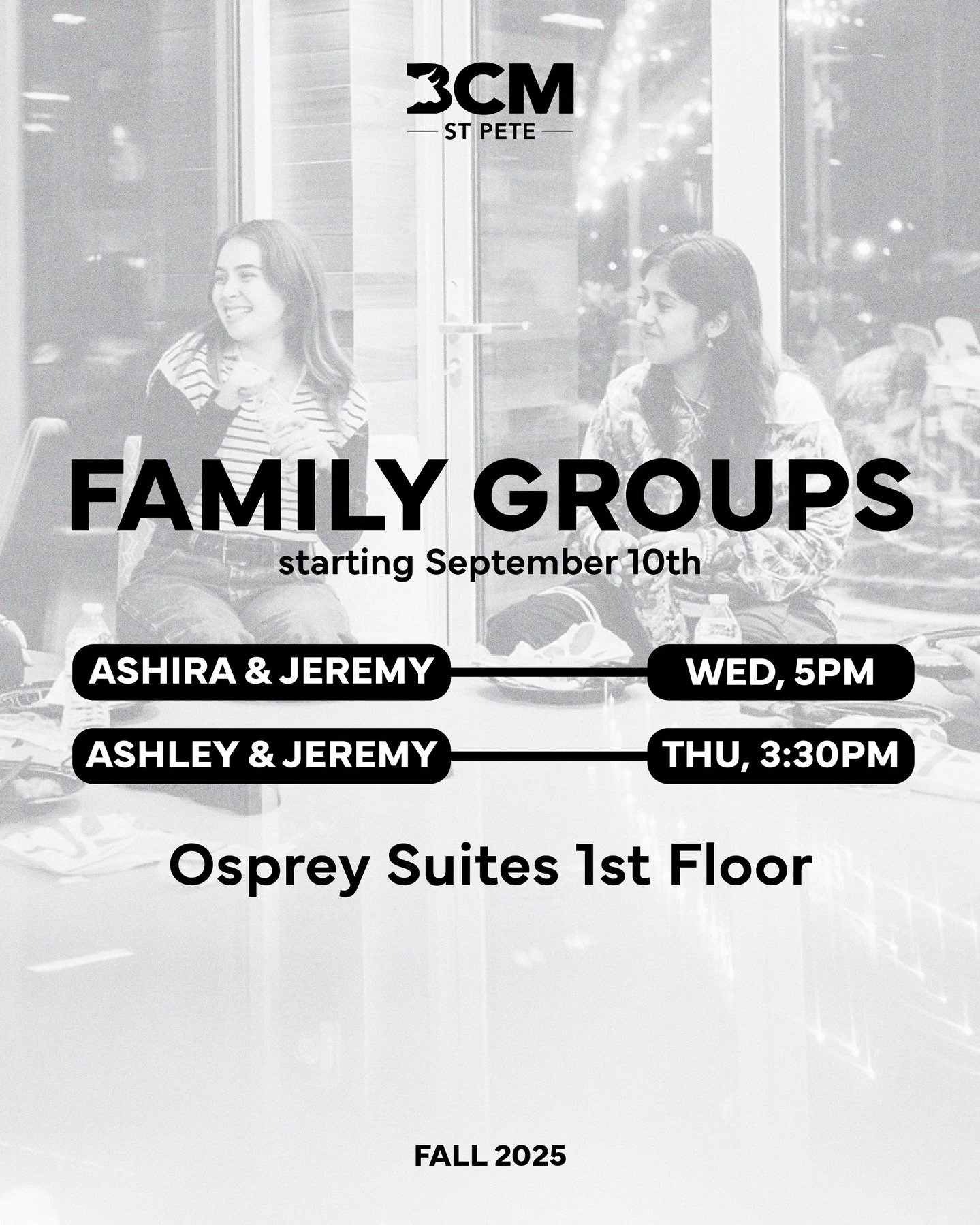 USFSP BCM's Family Groups start NEXT WEEK, have you signed up yet?? 👀

If you haven't, come by our next MDWK on September 9th to sign up for any of our two slots! We would love to have you ❤️