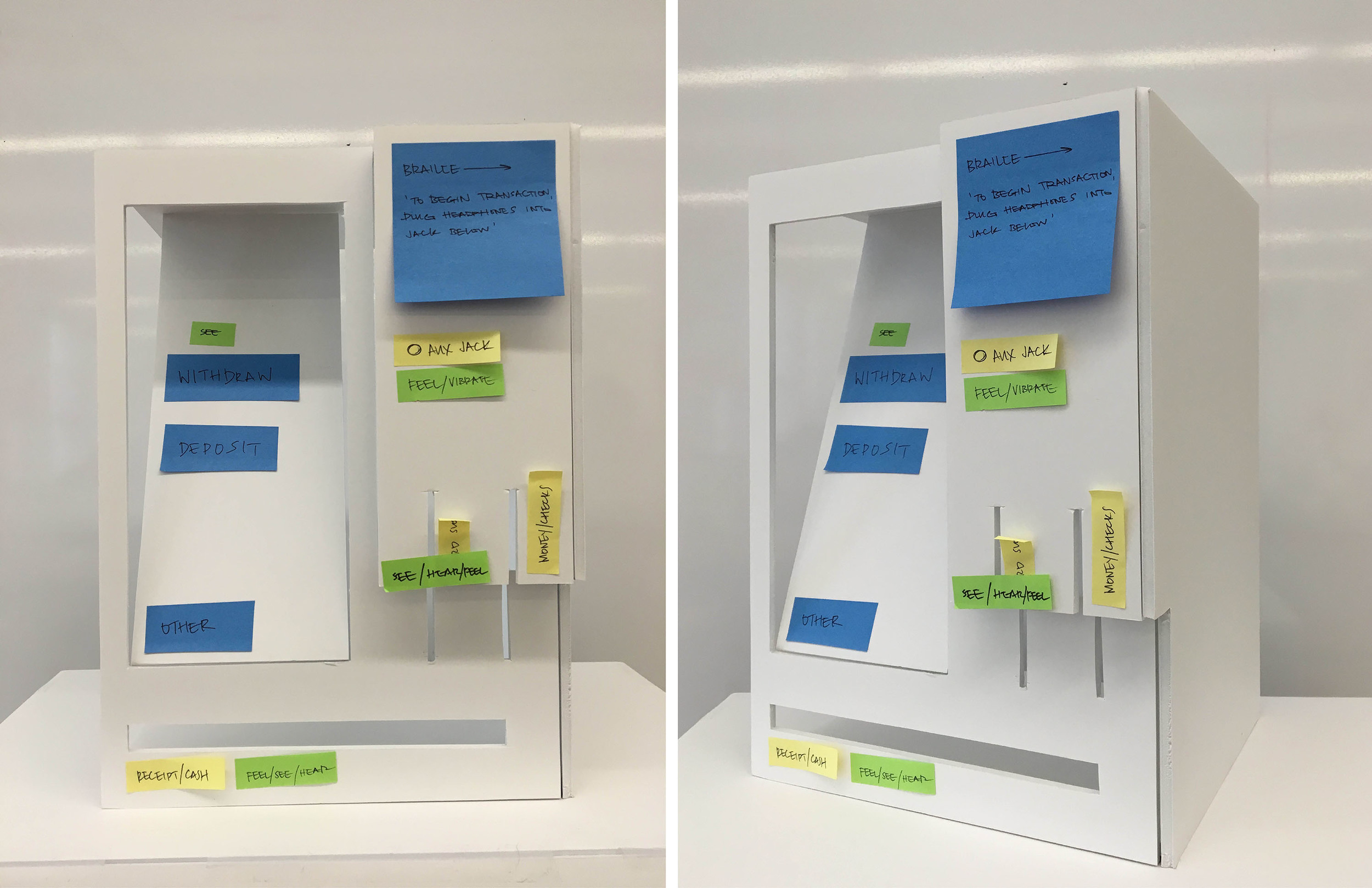 Preliminary Working Model This model helped establish locations of ATM functions, first instant of clear separation of information input and output, and protruding right-hand pillar for blind compatibility. Most decisions are based on user testing, surveys, and human factors data. Post Its are used to categorize types of sensory inputs and their respective locations to analyze blind-user functionality and possible control clusters for cohesive interaction