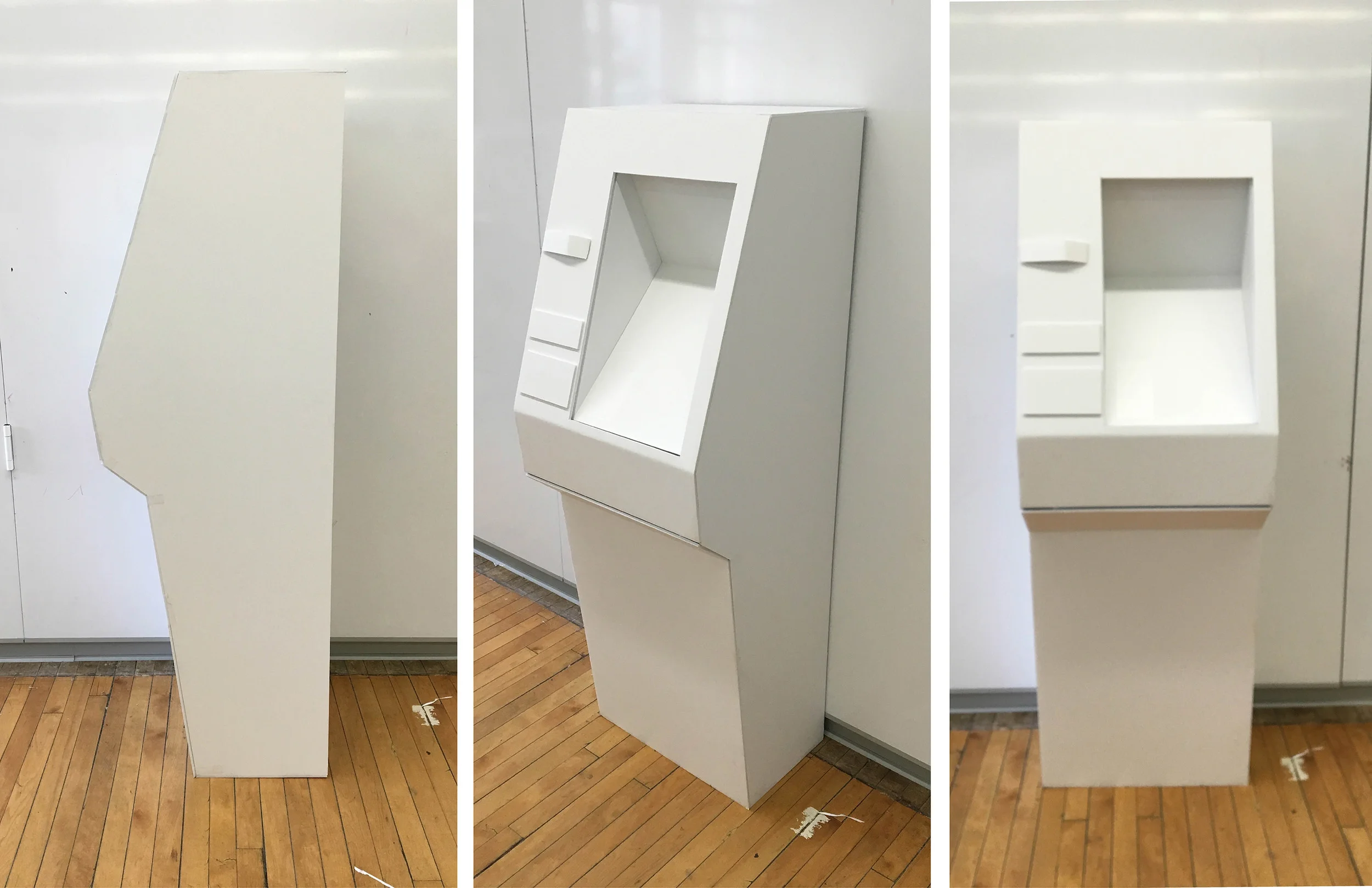 Final Full Scale Model Model most accurate to proportions to final design: accurate heights for wheelchair accessibility, blind accessibility, and comfortable screen/dashboard angles for all users. This model has transparent braille plastic labels instead of white cardstock, closer to the final design of the ATM. The form of this model is a more refined, compact version of the former.