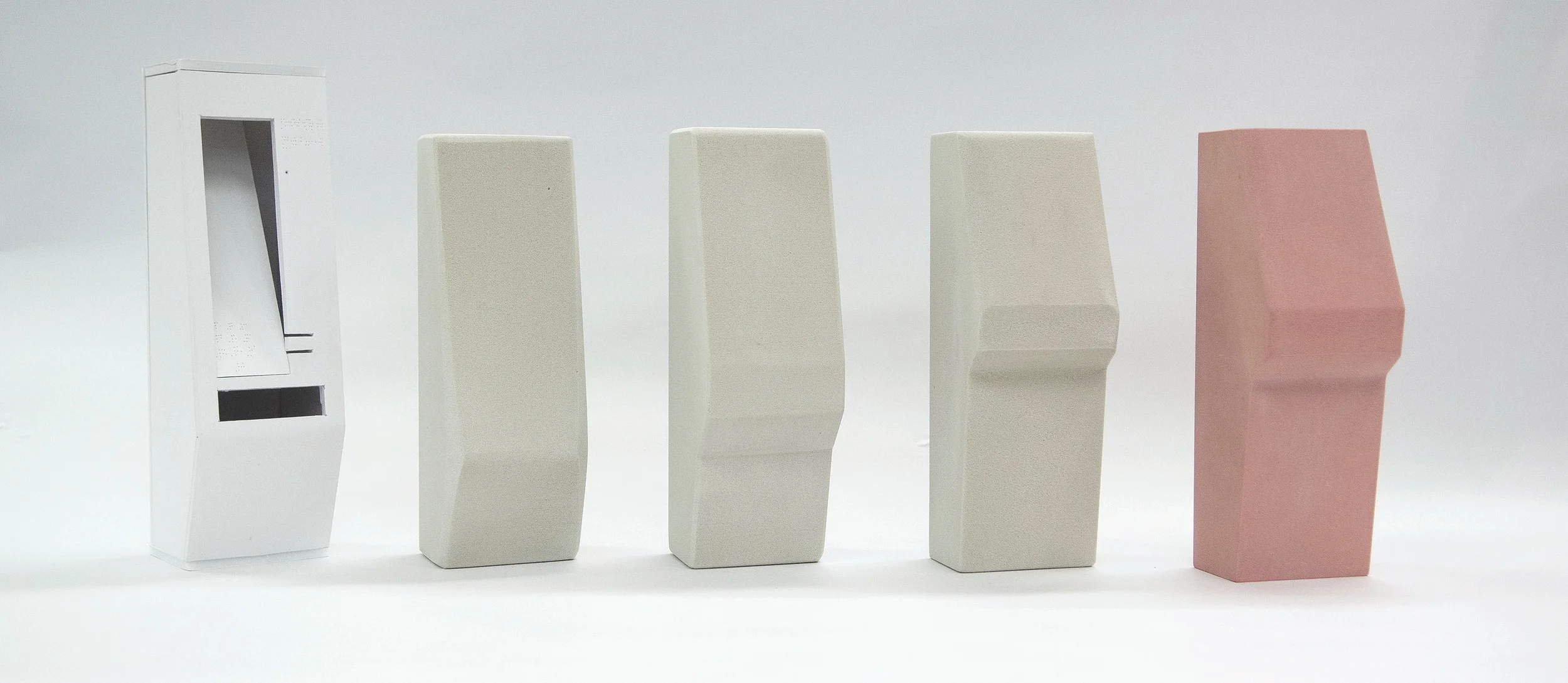 High Density Foam Models These scale prototypes are used to model, in further detail, the form of the ATM body. Shown above is a chronological progression from left to right.