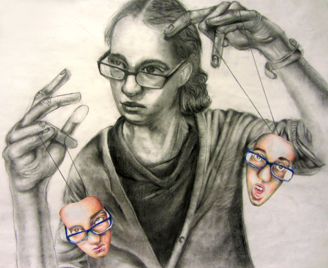 A self portrait. I am outward about expressing my feelings, and have control over them. Charcoal, Colored Pencil. 18 X 24.